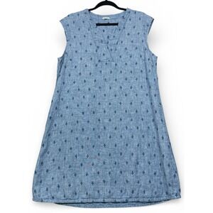 Garnet Hill Denim Look Leaf Embroidered Linen Dress Blue 14